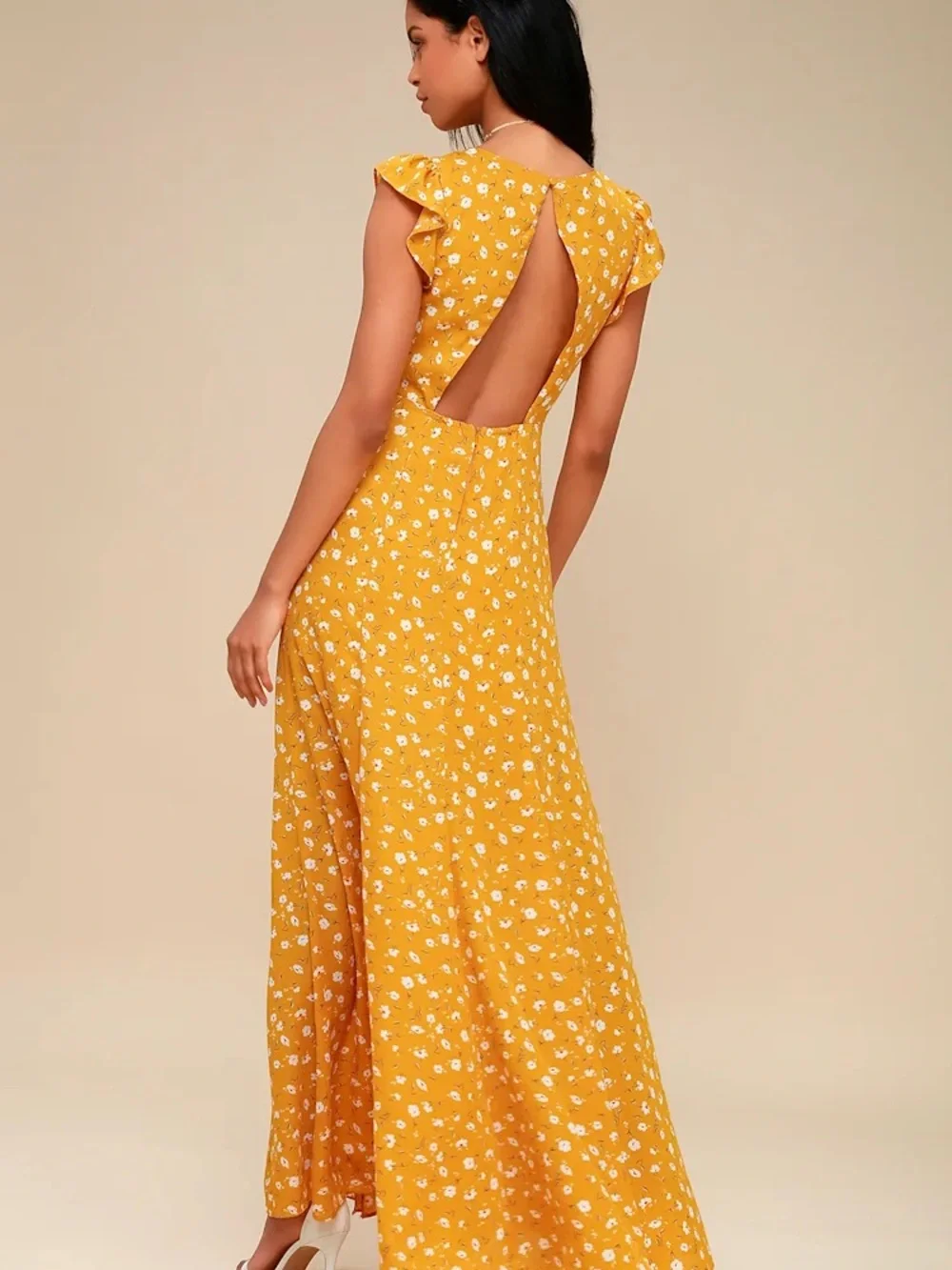 Lulu's Mustard Floral Ruffle-Sleeve Maxi Dress